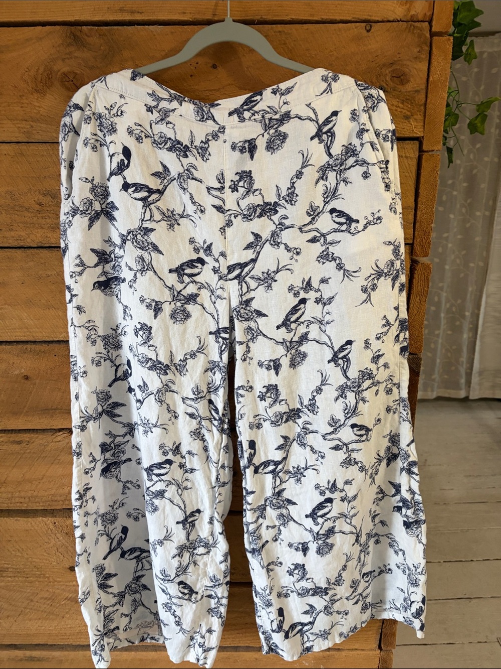 Joie White Wide-Leg Pants with Navy Bird & Branch Print